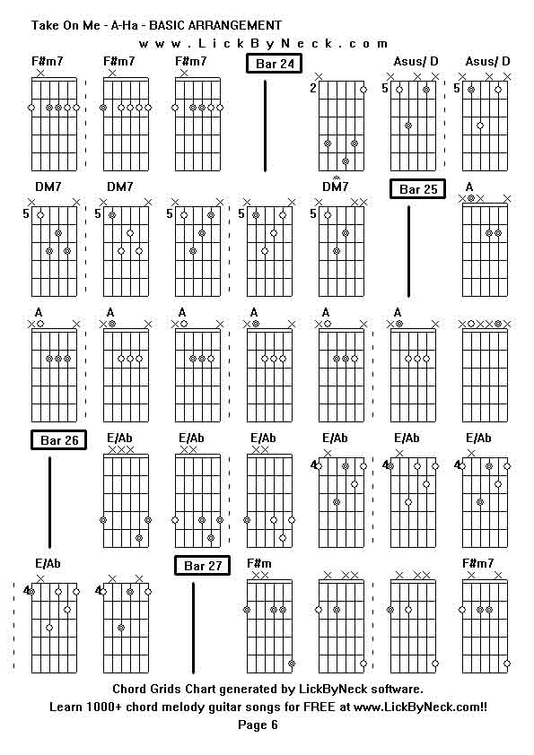 Chord Grids Chart of chord melody fingerstyle guitar song-Take On Me - A-Ha - BASIC ARRANGEMENT,generated by LickByNeck software.